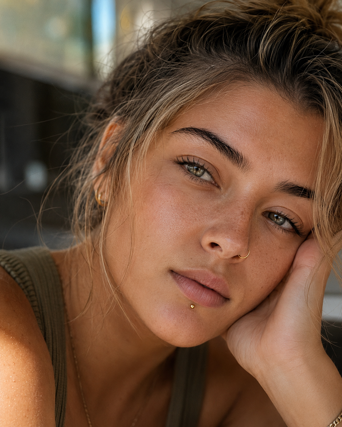 14kt. Geelgouden Labret Met Massief Balletje – 1.2 mm – 3 mm gedragen door model