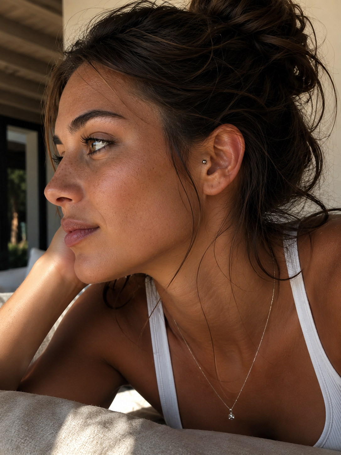 14kt. Witgouden Push-in Bal Top met Threadless Sluiting gedragen door model