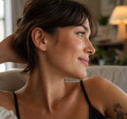 14kt. Geelgouden Push-in Hart Top met Threadless Sluiting – 3 mm gedragen door model