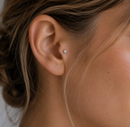 14kt. Witgouden Push-in Ster Top met Threadless Sluiting – 3 mm gedragen door model
