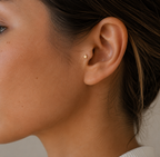 14kt. Geelgouden Push-in Ster Top met Threadless Sluiting – 3 mm gedragen door model