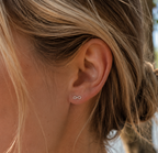 14kt. Gouden Setje Oorstuds met Infinity – Witgoud – 0.8 mm gedragen door model