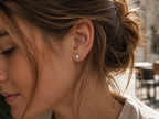 14kt. Witgouden Setje Oorstuds met Kubus Top – 0.8 mm – 4 mm gedragen door model