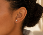14kt. Gouden Setje Oorstuds met Vierkante Top – Witgoud – 0.8 mm gedragen door model