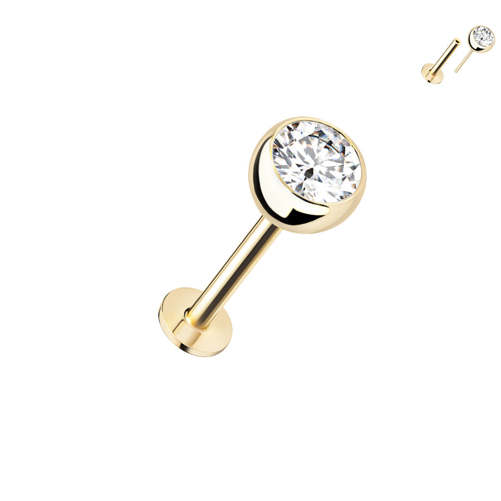 14kt. Yellow Gold Push-in Labret with Bezel Set CZ Top – Set