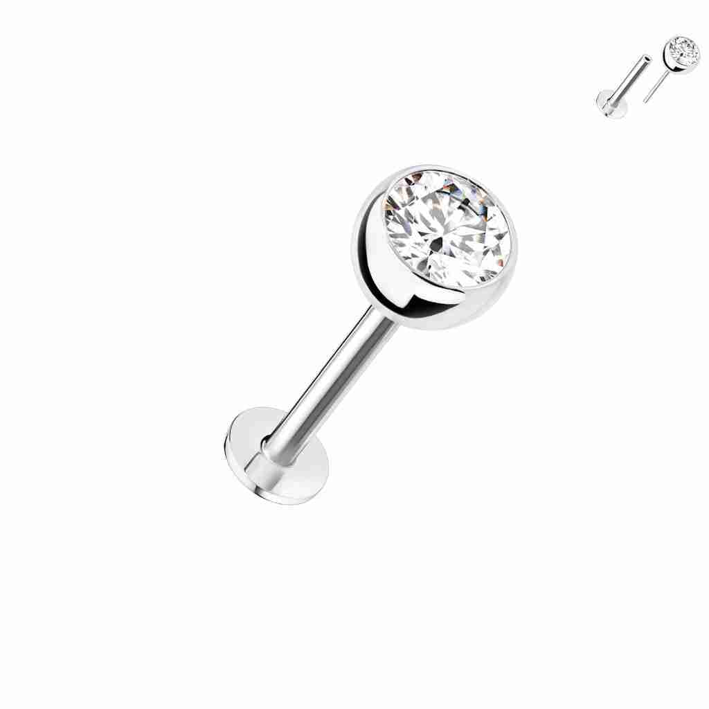 14kt. Witgouden Push-in Labret met Bezel Set CZ Top – Set