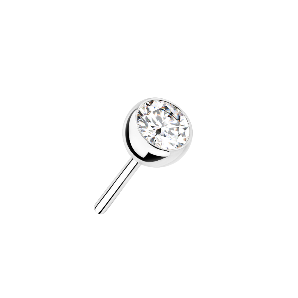 14kt. Witgouden Push-in Labret met Threadless Bezel Set CZ Top – 3 mm