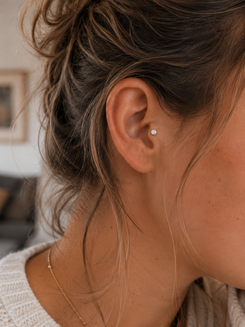 14kt. Geelgouden Push-in Labret met Bezel Set CZ Top – Set
