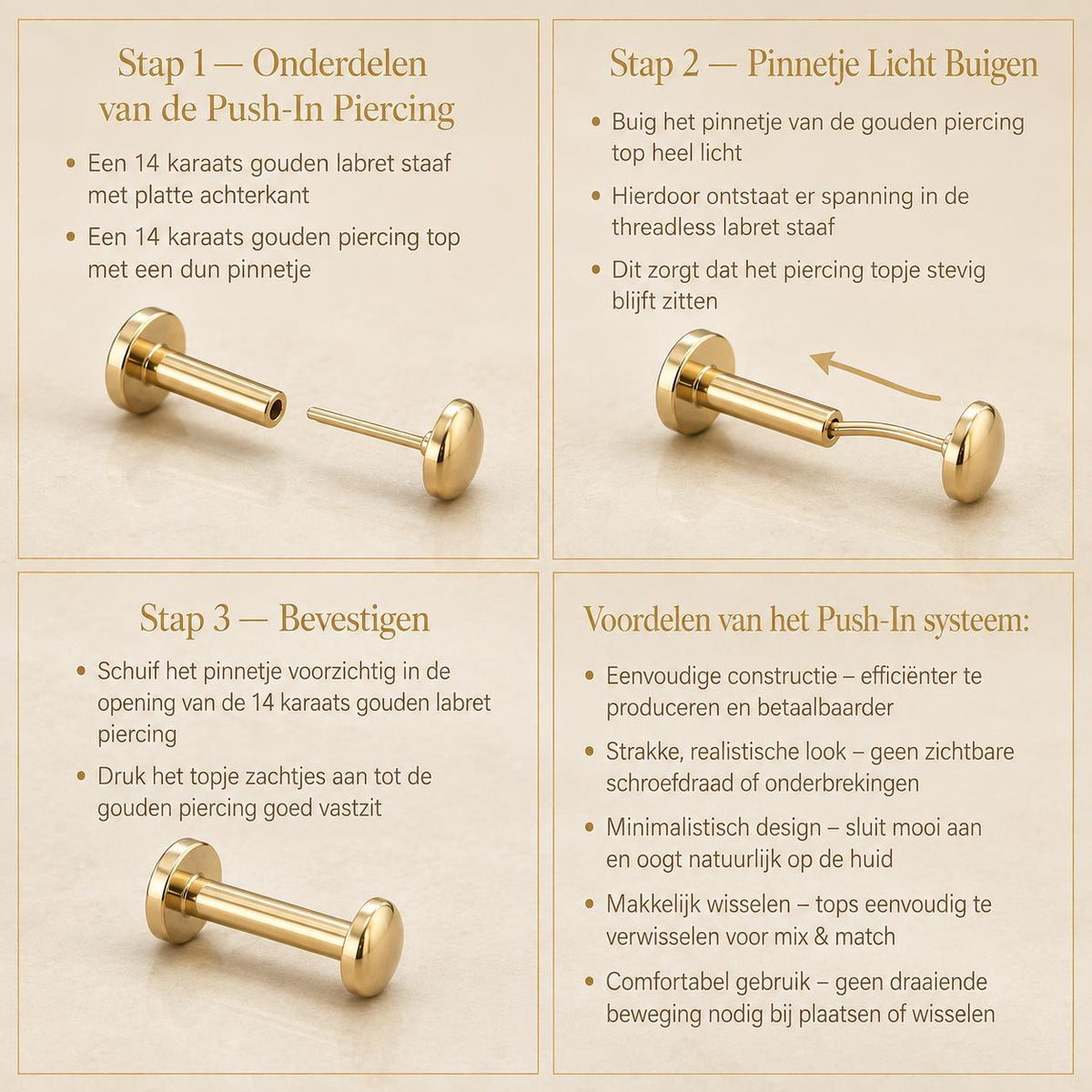 14kt. Witgouden Push-in Bal Top met Threadless Sluiting